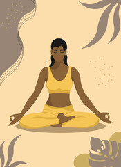 Young dark skinned woman in lotus pose practicing yoga.Physical and spiritual practice.Poster for yoga center.Vector illustration.