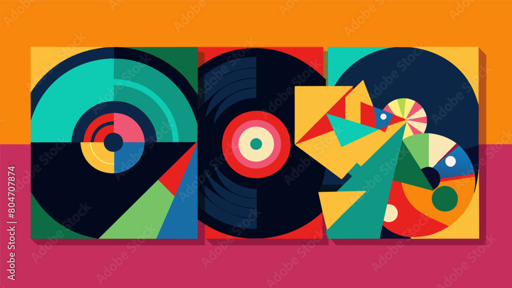 Poster a series of record sleeves featuring abstract designs with bold and contrasting colors creating a vi