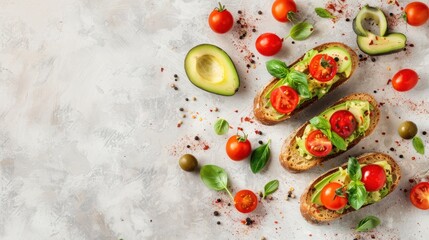 Top view vegetarian food fresh of avocado, toast with tomatoes on white background. Generated AI