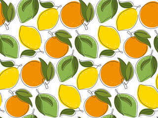 Citrus seamless pattern. Ripe whole orange, lemon, lime with leaves background. Fresh tropical fruit background. Doodle outline illustration. Pattern for cover, packaging design