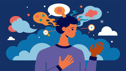 Naklejka premium An image of a persons face with a cloud of negative thoughts surrounding it but then bursting and dissipating when a hand reaches in with a ketamine.