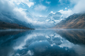 A serene lake surrounded by snow-capped mountains under a cloud-streaked sky, isolated on solid white background.