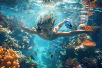 Children diving in the ocean with fantasy underwater view surrounded with vibrant color from coral and fish swimming around. Attractive elementary student exploring the world under the sea. AIG42.