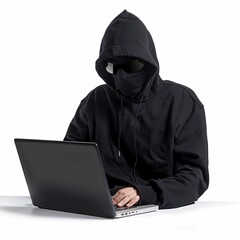 Hacker in black hoodie with balaclava on face sitting at laptop computer isolated white background