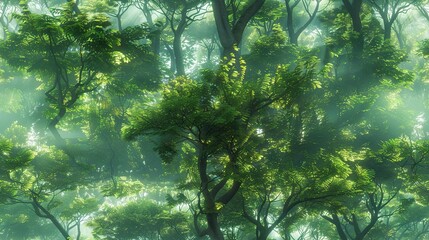   A dense forest brimming with towering trees adorned in lush green foliage under midday sun