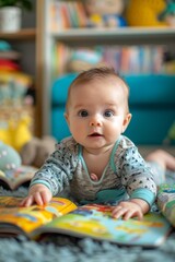 Baby boy, dressed in a casual romper, sits exploring soft books in the nursery room, focused on a learning moment