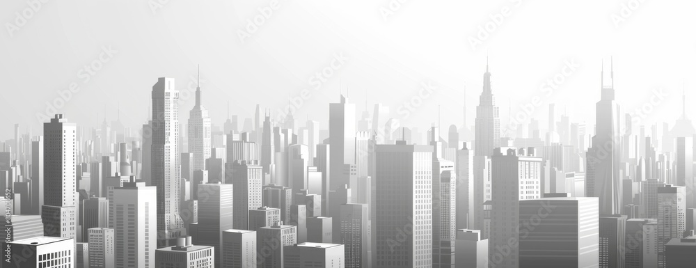 Poster illustration of a city skyline with buildings in grayscale on a white background using simple shapes