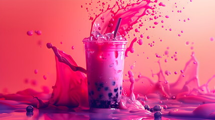 Bubble tea in a plastic cup with a straw, ice cubes and tapioca balls. Refreshing milkshake on a simple pink background, in neon shades, with bright and dynamic splashes of acid pink juice, with copy 