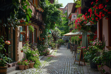 A charming cobblestone alley lined with colorful flowers and quaint cafes, isolated on solid white background.