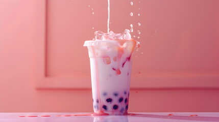 Bubble cocktail of berry flavor in a plastic cup with ice cubes, milk and tapioca balls. Refreshing milkshake on a simple soft pink background, purple syrup pouring from the top, with copy space, side