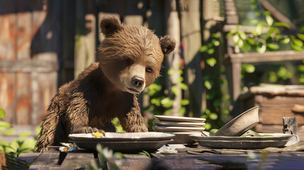 Naklejka premium A brown bear sits on a plate-covered table with adjacent piles of food