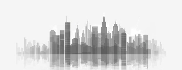 Fototapeta premium Stylized city skyline with skyscrapers, flat design white background A monochrome gray urban landscape with tall buildings and office towers Generative AI
