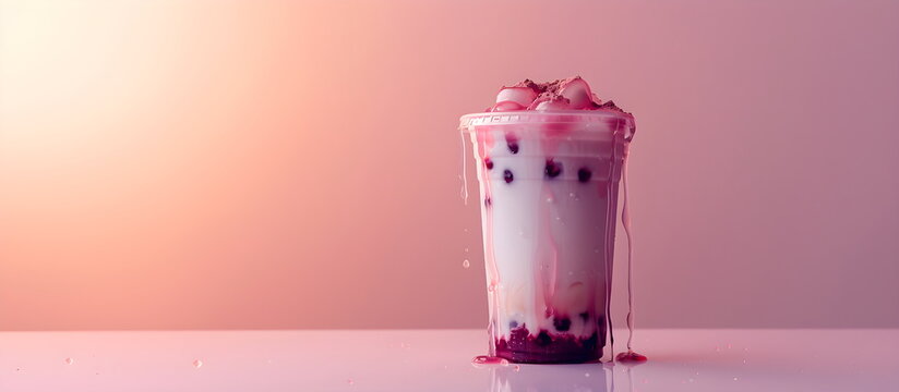 Bubble cocktail in a plastic cup with ice cubes, berries, milk and tapioca balls. Refreshing milkshake on a simple soft pink background with a cool undertone, pink syrup dripping from a glass, with co