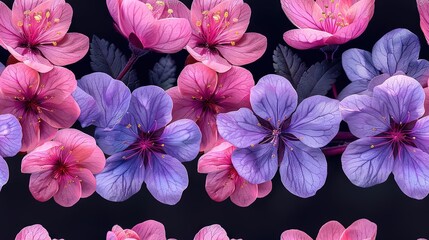   Pink and purple flowers against a dark green backdrop
