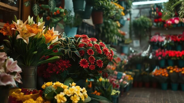 A wide range of colorful flowers on display in a cozy and inviting local flower shop environment