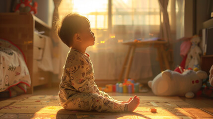 A cute Asian baby boy is sitting on the carpet in his bedroom, wearing pajamas and looking out of an open window with sunlight streaming through. - Powered by Adobe