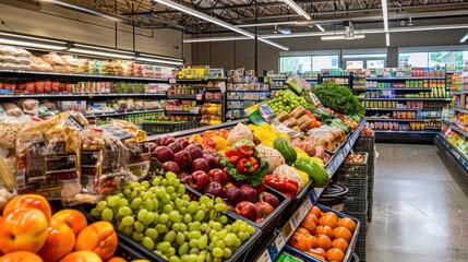 A neat grocery store aisle filled with fruits to the left and various snacks to the right