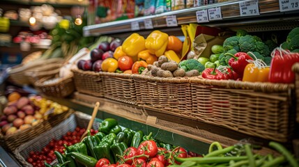 Obraz premium A close-up of a market basket filled with a variety of colorful vegetables, signifying fresh produce and healthy eating