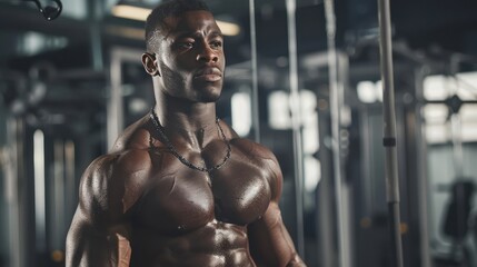 Fototapeta premium A powerful image of a well-defined bodybuilder posing with confidence against a blurred background of a gym interior