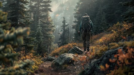 Fototapeta premium A contemplative hiker looks out over a sunlit mountain range covered in mist and autumn foliage