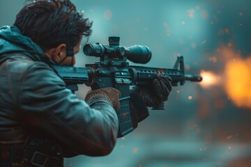 A soldier navigates the heat of battle, firing a rifle with sparks flying, capturing an explosive and high-stakes moment