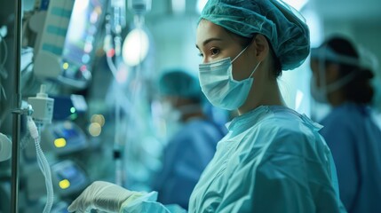 A detailed image capturing a medical staff member attentively checking on critical patient monitors in an intensive care unit setting