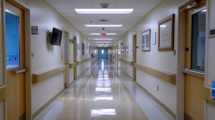 A clean empty hospital corridor with shiny floors reflecting the lights, leading to unknown destinations in the facility