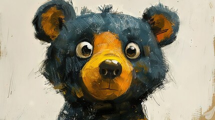  A monochromatic depiction of a  bear, with oversized eyes and a melancholic expression