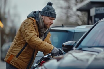 Naklejka premium Young man refueling his car at a service station on a cold and frosty winter morning.