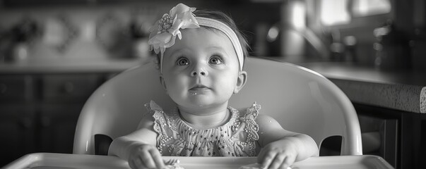 Happy and content, the baby girl in a stylish dress sits in her high chair in the kitchen, enjoying a snack