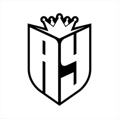 AY Letter bold monogram with shield shape and crown inside shield black and white color design