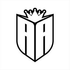 AA Letter bold monogram with shield shape and crown inside shield black and white color design