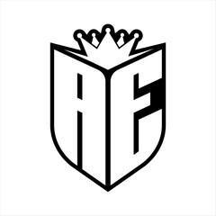 AE Letter bold monogram with shield shape and crown inside shield black and white color design