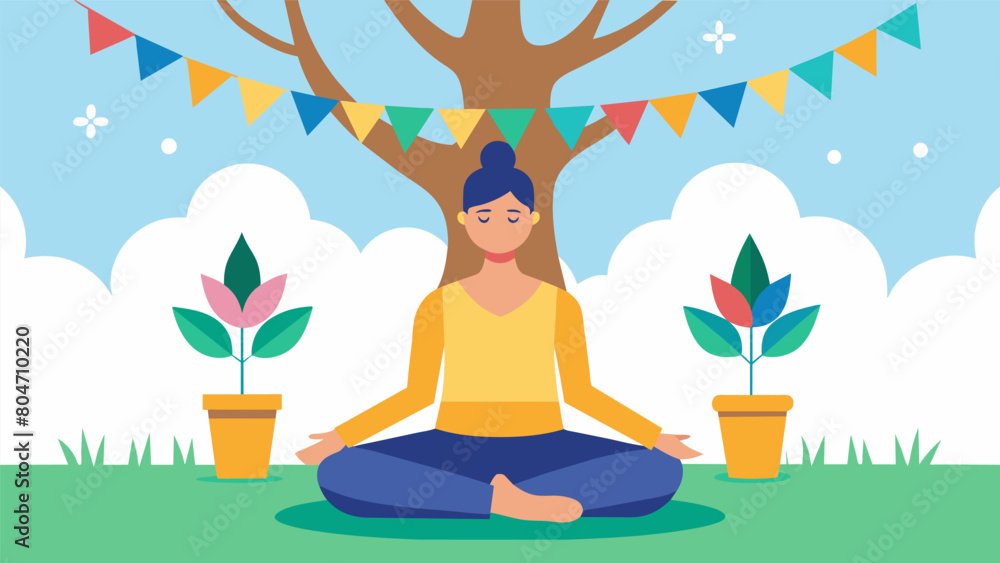 Poster a yogi meditating under a tree adorned with colorful bunting and paper lanterns.. vector illustratio