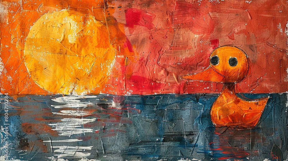 Poster a duck floating on water in front of orange-red sky with the sun in the background