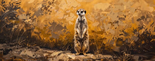 Meerkat standing alert in golden hour light against natural habitat. copy space for text.