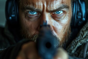 The depth of field deepens the focus on the hands of a male gamer wearing headphones, gripping a controller