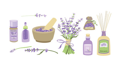 Essential lavender oils icons set. Collection Flowers of essential oils vector icons for web design isolated on white background. Flat Illustration and stickers.