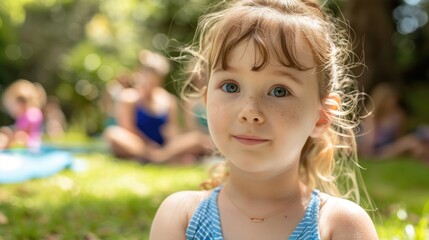 A young girl with curly hair is happily standing on the grass in the park. She is smiling, having fun, and enjoying her leisure time in nature AIG50