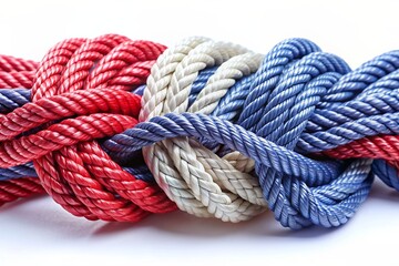 White and red ropes woven together into a tight, tight knot on a white background. A symbol of unity, diversity and teamwork.