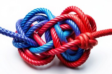 A symbol of unity, diversity and teamwork. Blue and red bright ropes are tightly tangled into a large tight knot on a white background.
