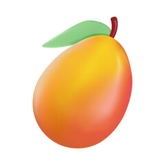 Fresh mango 3D icon with leaves vector illustration. Fresh fruit, Ripe mango isolated on white. 3D UI modern illustration with realistic cartoon mango fruit