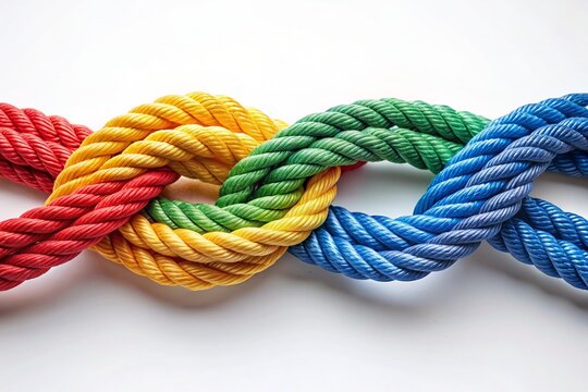 Colorful ropes neatly woven together into a beautiful weave on a white background. A symbol of unity, diversity and teamwork.