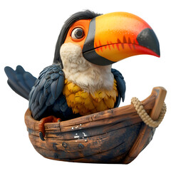 A bright 3D cartoon render of a colorful toucan assisting a lost sailor.