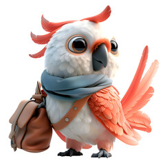 A unique 3D cartoon render of an exotic cockatoo helping a marooned sailor.