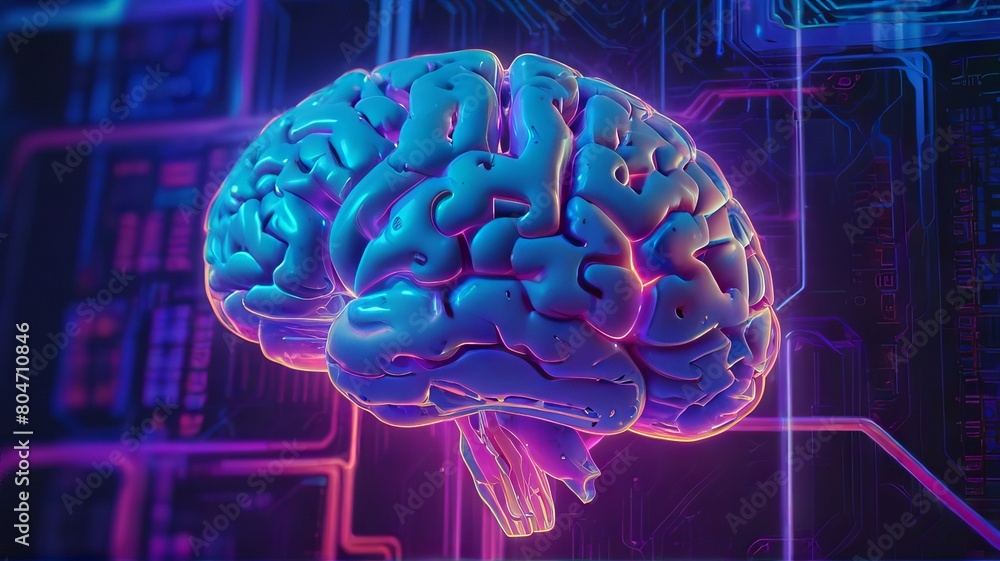 Poster futuristic brain art in neon colors. glowing brain in an intricate network setting. concept of cogni