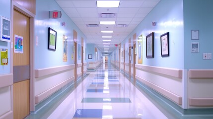 An empty hospital corridor with modern design and clear signage, representing the quiet moments in healthcare facilities