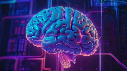 Futuristic brain art in neon colors. Glowing brain in an intricate network setting. Concept of cognitive science, brain functionality, mental wellness, and advanced diagnostics.
