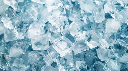 Crystal clear ice cubes background, top view