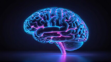 Fototapeta premium Glowing human brain in neon blue and pink. Futuristic neon brain illustration. Concept of neuroscience, brain activity, mental health, intellect, cognitive science, smart thinking.